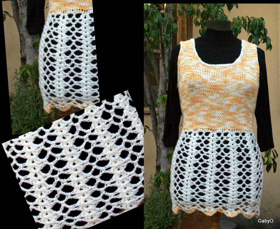 Remera larga con torso en hilo de algodón matizado en amarillos y bajos en hilado de seda color tiza