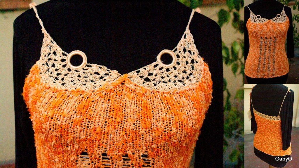 Musculosa en hilado fantasía de seda color mandarina con peto y breteles en hilado de seda