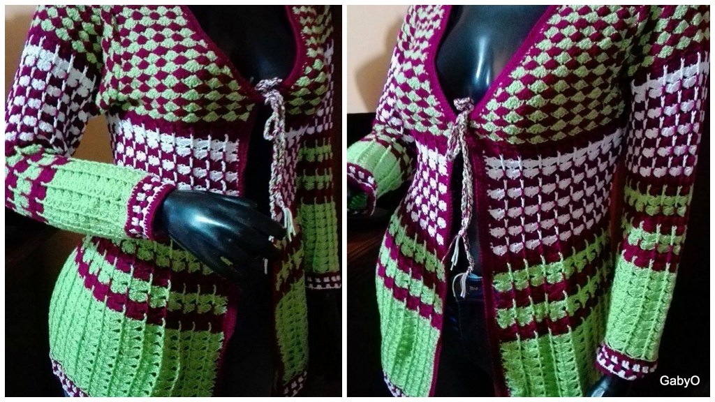 Saco liviano en hilado color ciruela, verde limón y blanco