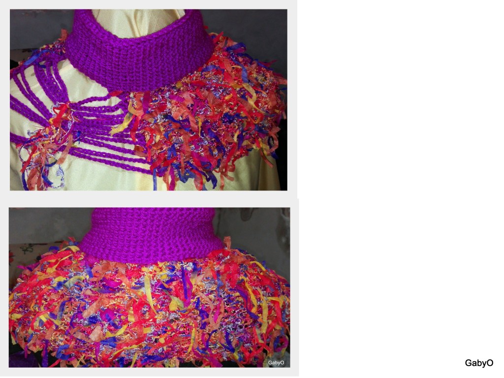 Cuello en hilado con seda color obispo e hilado fantasía con cintas multicolores